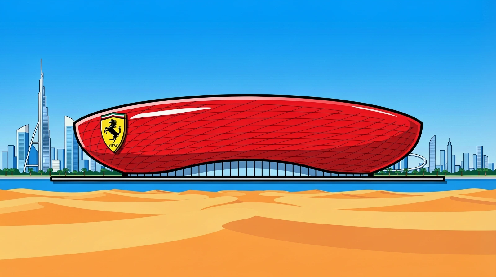 The iconic red roof of Ferrari World Abu Dhabi